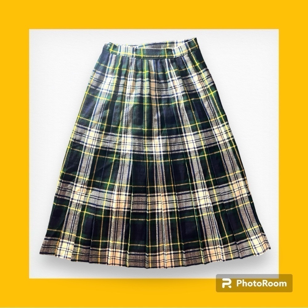 The London House Blue Green Plaid Wool Midi Skirt